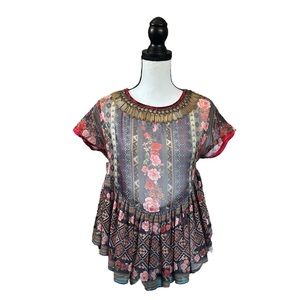 SALE Preeti Kapoor Anthropologie Sheer Antique Floral Beaded Peplum Top XXSP